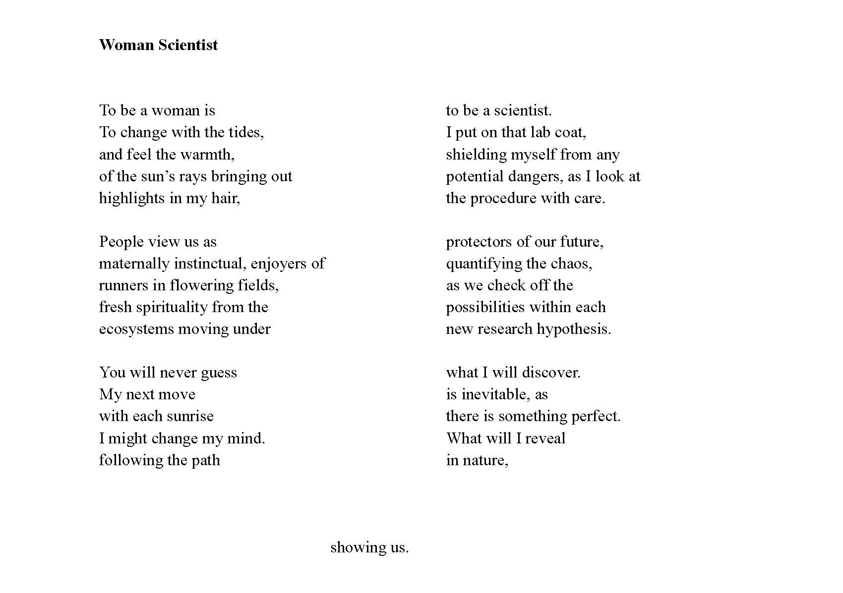 Woman Scientist poem by Julia McDonald, Washington and Lee University