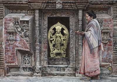 15th Century Lakshmi Narayan, Patan, Nepal; 2013; acrylic with 23 karat gold on cotton rag paper; 40 x 30 inches