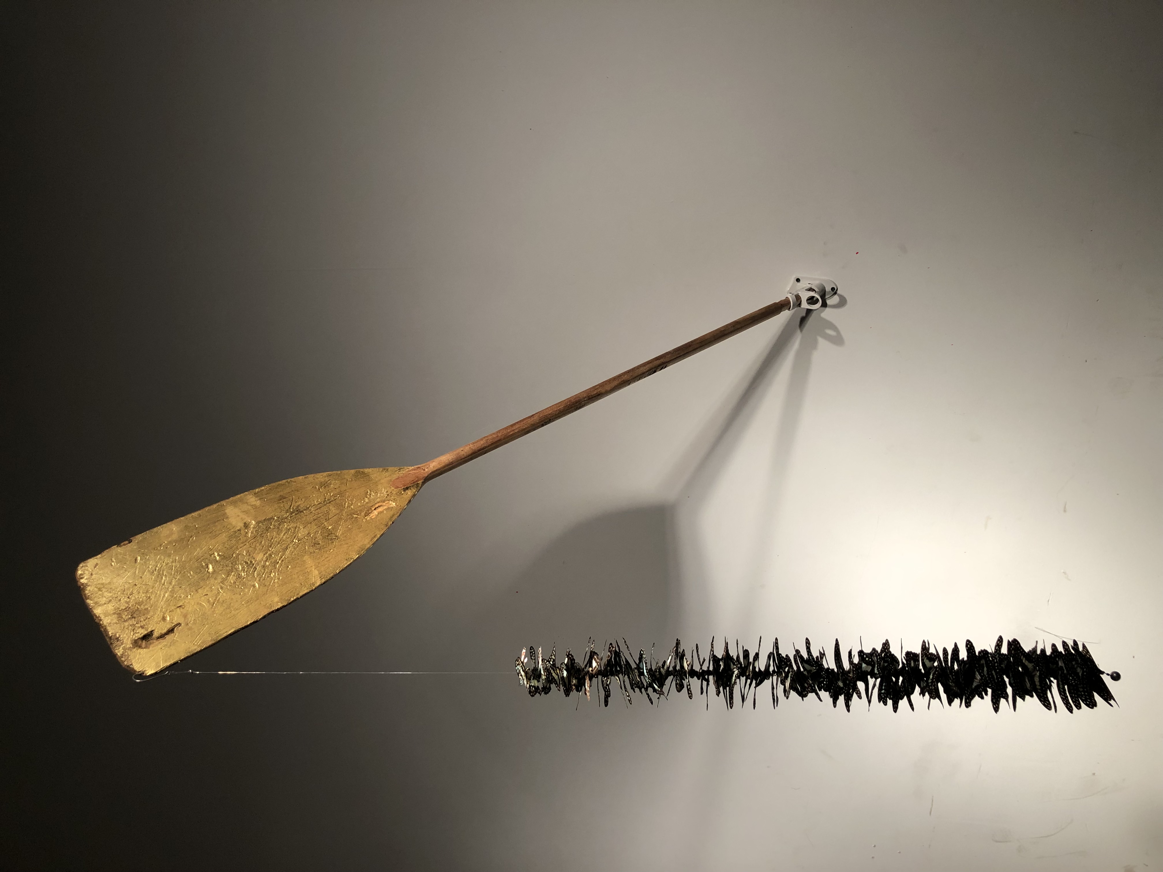 Pa'rriba/pa'bajo (not far now), 2023, 24K gold, wood, fishing tackle, butterflies