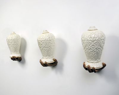 Untitled (I, Rhinoceros), No.1, 2014, cast and painted resin with found objects, 18 x 8 x 49 in.