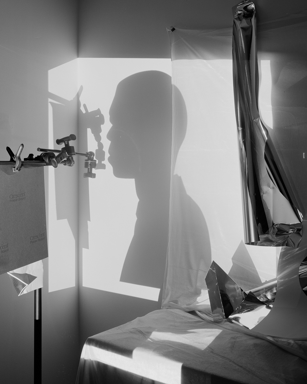 Meanings of the past (from the series Black Alchemy: If this one thing is true); 2020; inkjet silk print, black c-stand; print: 40 x 50 inches, c-stand: variable
