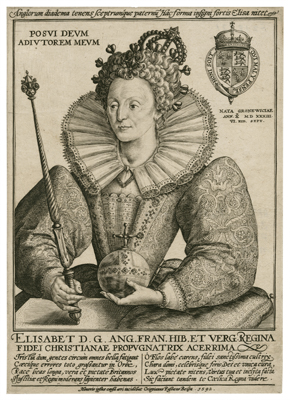 Crispijn van de Passe (1565-1637) Elisabet D.G. Ang. Fran. Hib. et verg. Regina fidei Christianae propugnatrix acerrima [graphic] / honoris ipsius causa aeri incidebat Crispiannus Passaeus Belga 1592, engraving, 7 x 5 inches (Courtesy of Folger Shakespeare Library)