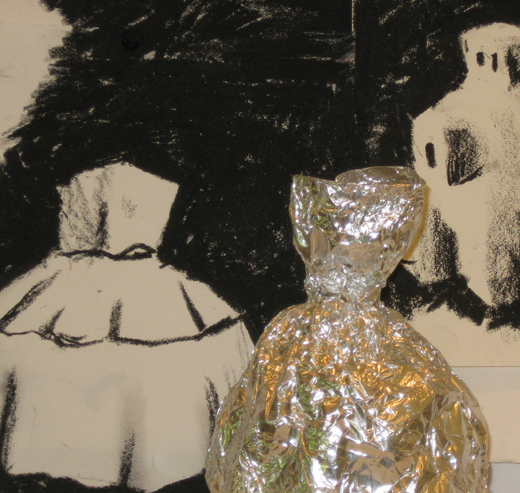 'Raw Footage,' 2011, oil pastel, paper, metal foil, studio view approx. 12 x 12 x 12 in.