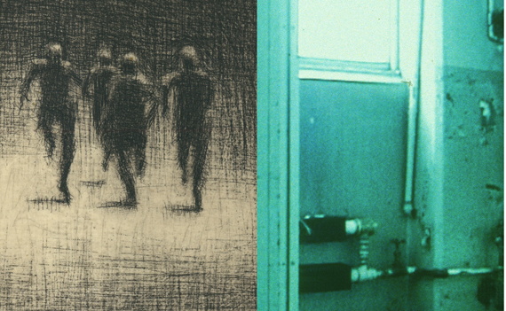 Meredith Root, still from 'The Shortest Day,' 2006, film, 6 minutes and Barbara Duval, 'Untitled,' etching with chine-collé, 6 x 8 in.