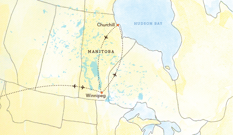Map of Manitoba province with Winnipeg and Churchill destinations marked