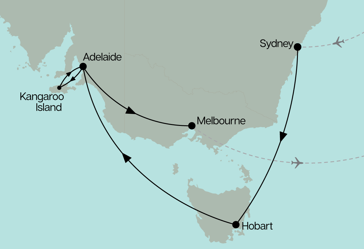 Map of Australia with Sydney, Hobart, Adelaide, Kangaroo Island, and Melbourne destinations marked