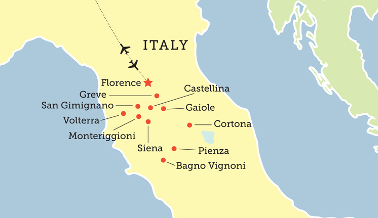 Map of Italy with Florence, Greve, San Gimignano, Volterra, Monteriggioni, Siena, Bagno Vignoni, Pienza, Cortona, Gaiole, and Castellina destinations marked