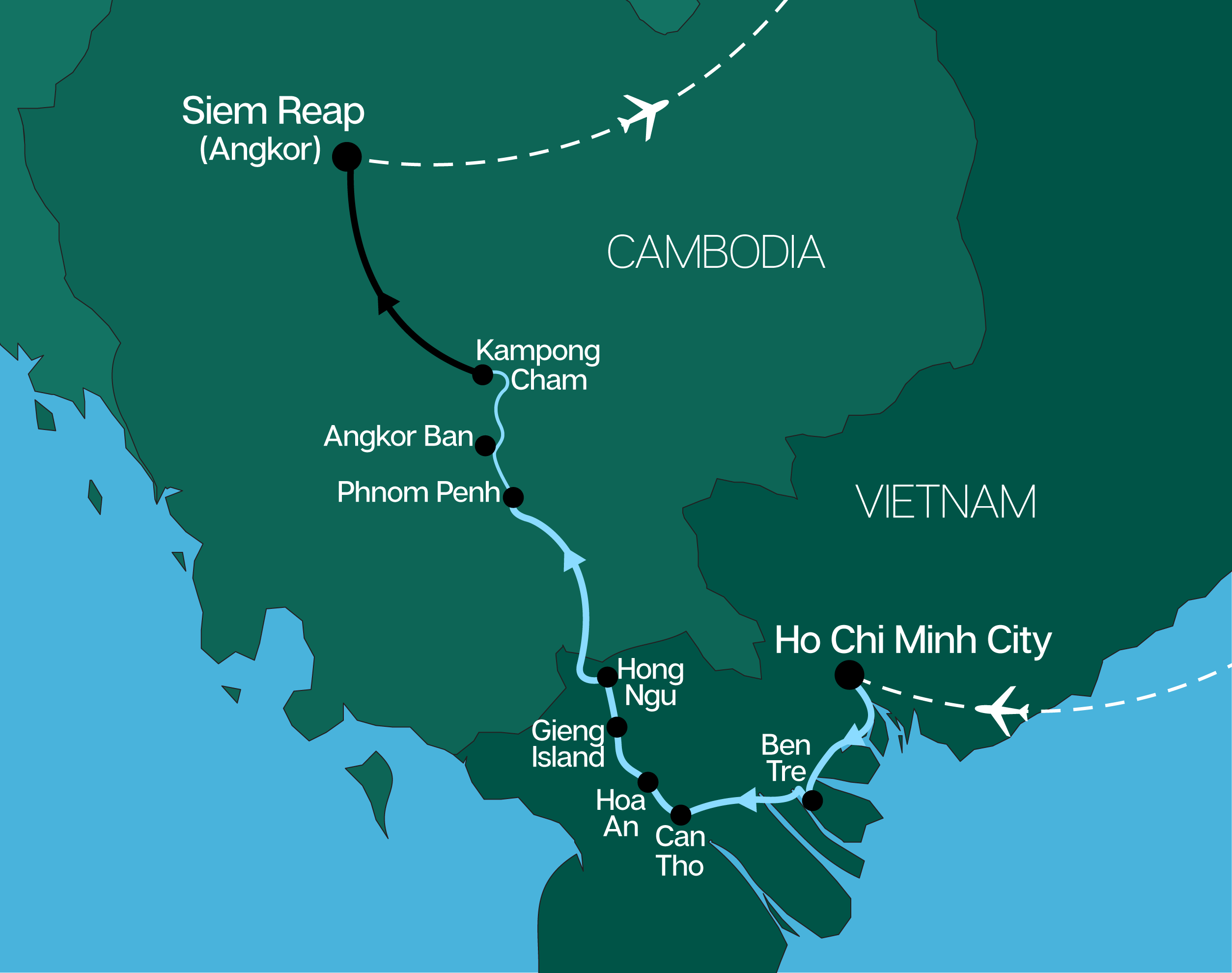 Map showing route along the Mekong River from Vietnam to Cambodia