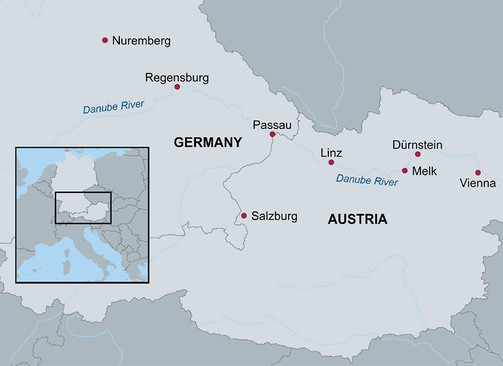 Map of Germany and Austria with locations marked along the Danube River including Nuremberg, Regensburg, Passau, Linz, Melk, Durnstein, Vienna, and Salzburg