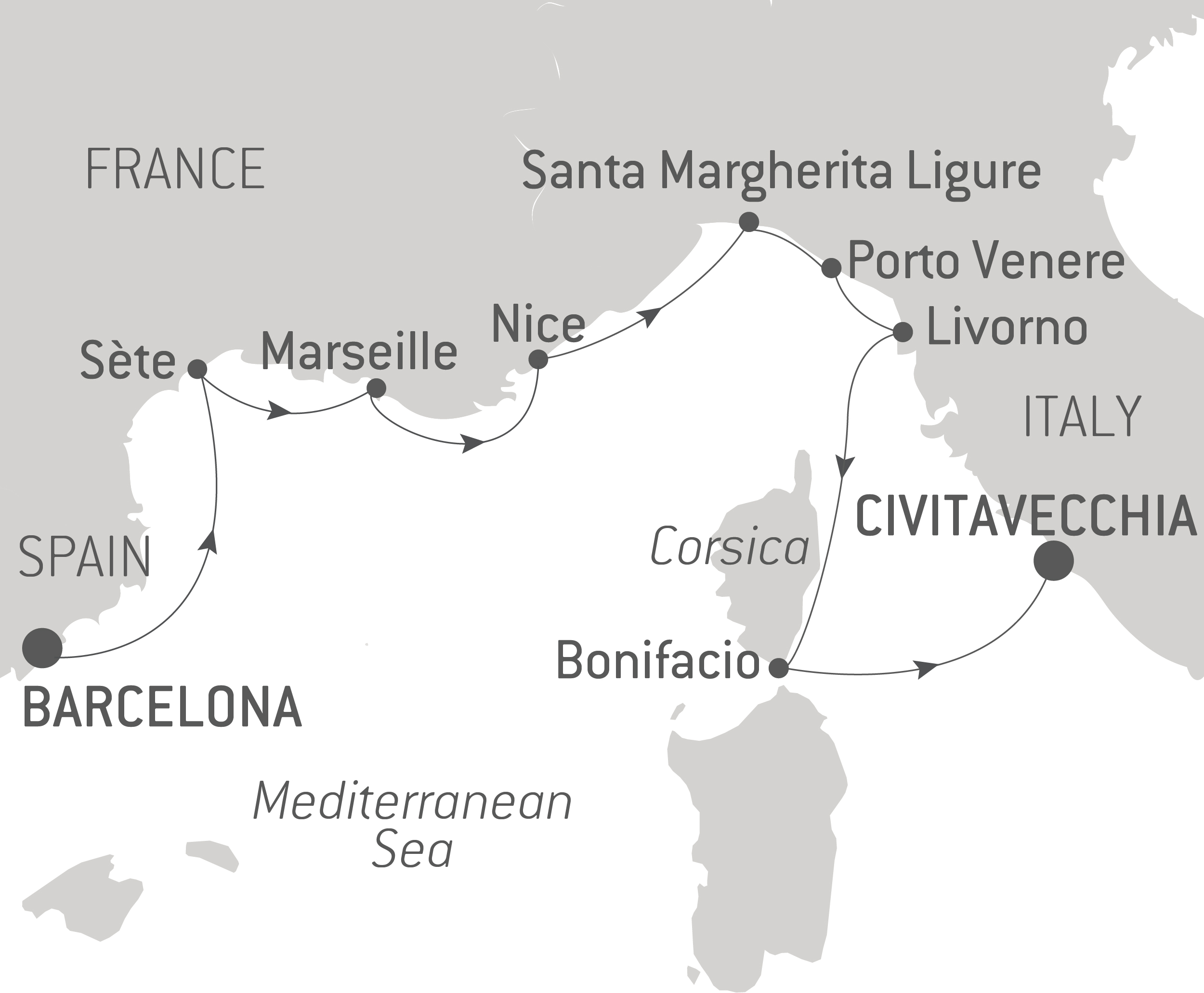 Map of stops around the Mediterranean Sea