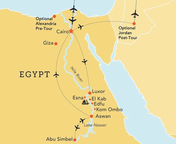 Map of Egypt and the Nile River with Alexandira, Cairo, Jordan, Giza, Luxor, Esna, El Kab, Edfu, Kom Ombo, Aswan, and Abu Simbel marked