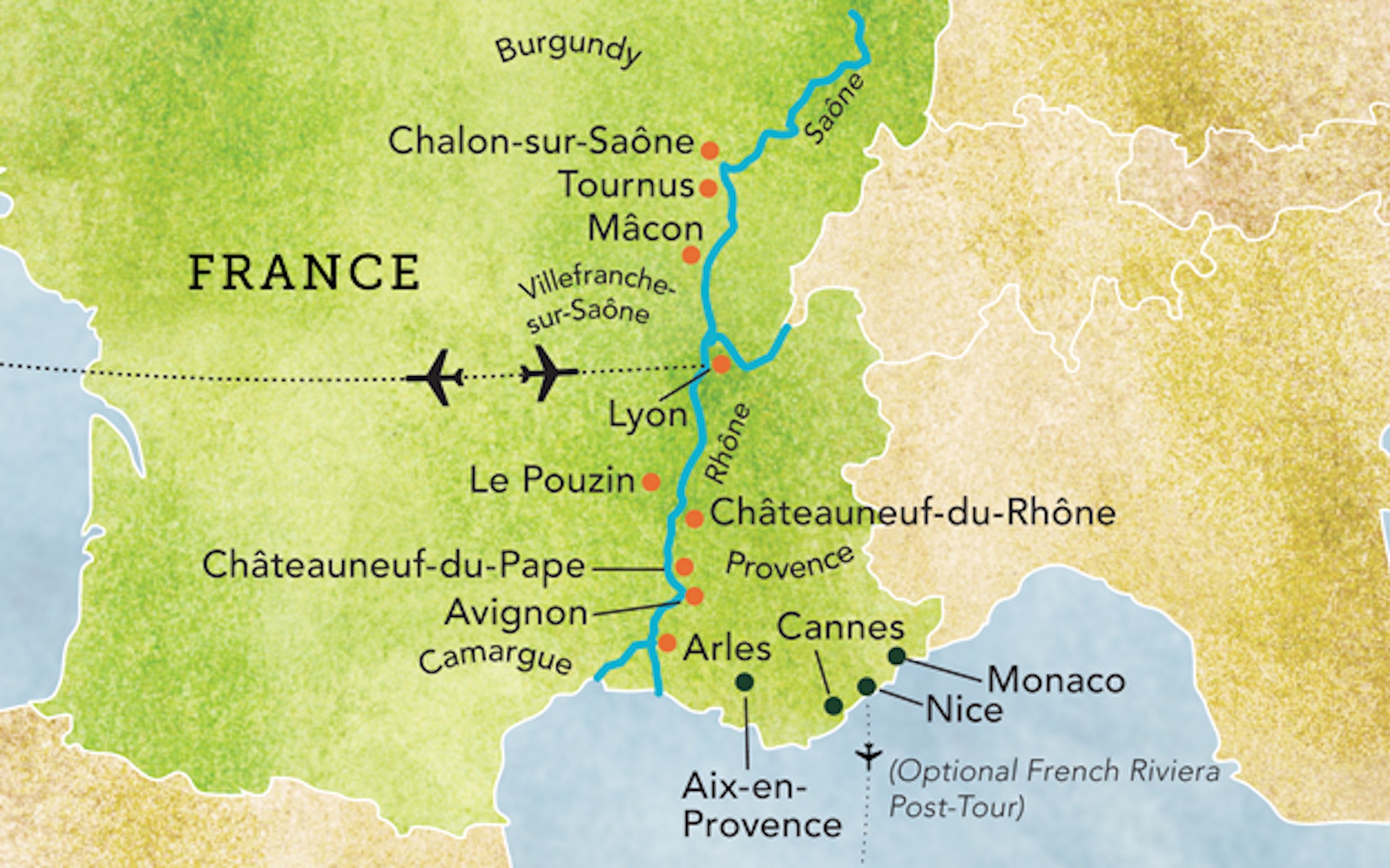 Map promoting the Flavors of Provence travel program destinations