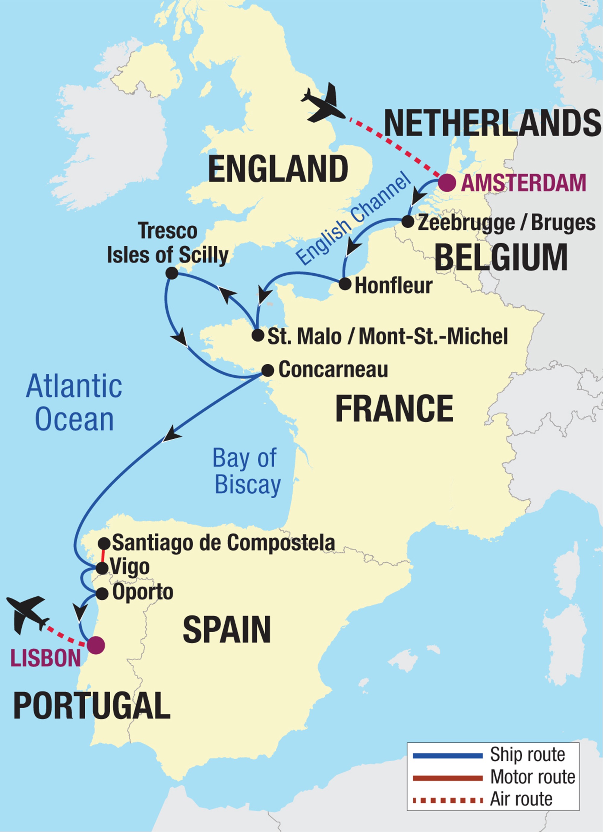 Map image showing arrivals and departures for the Western Europe travel program