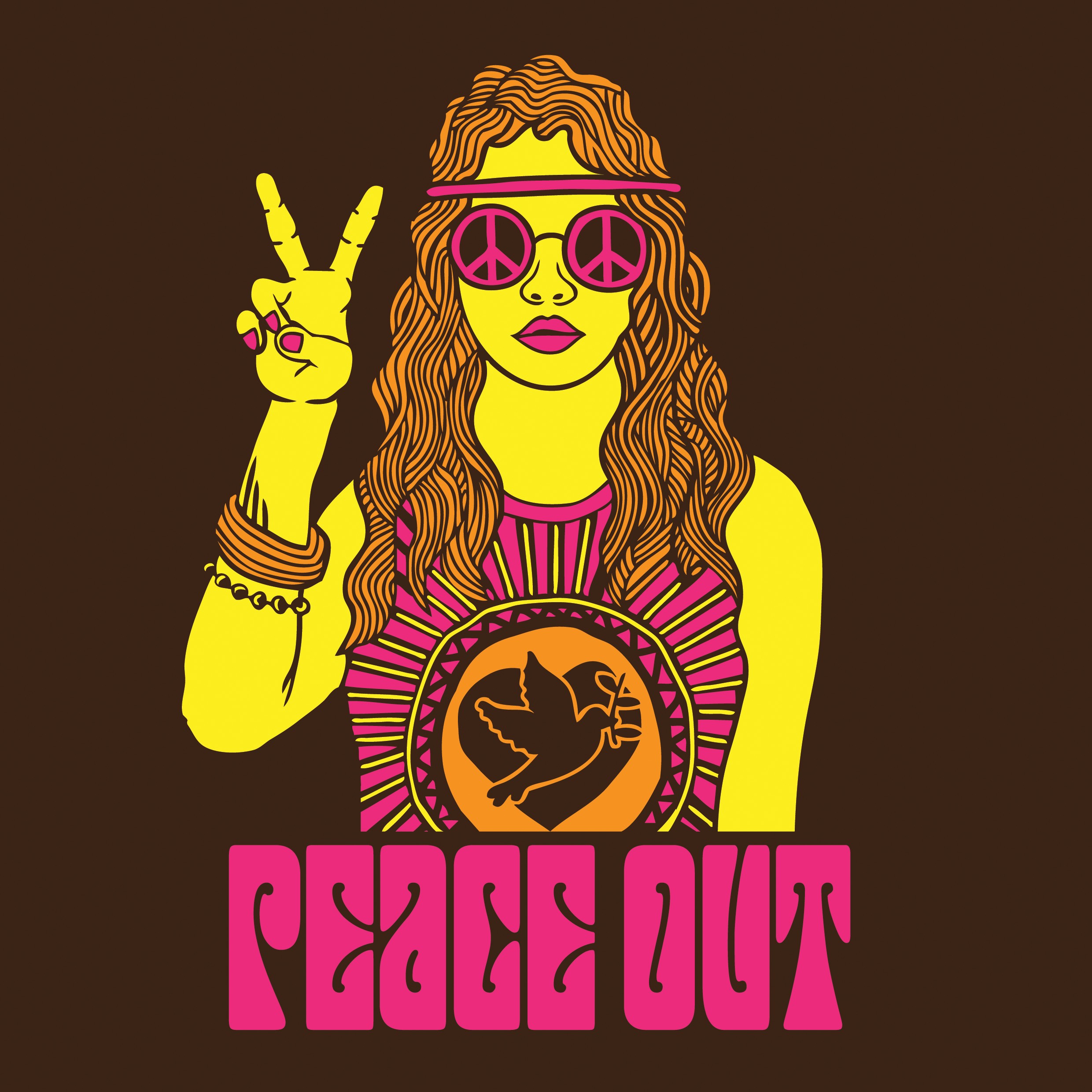 Image with "PEACE OUT" and individual holding up the peace sign