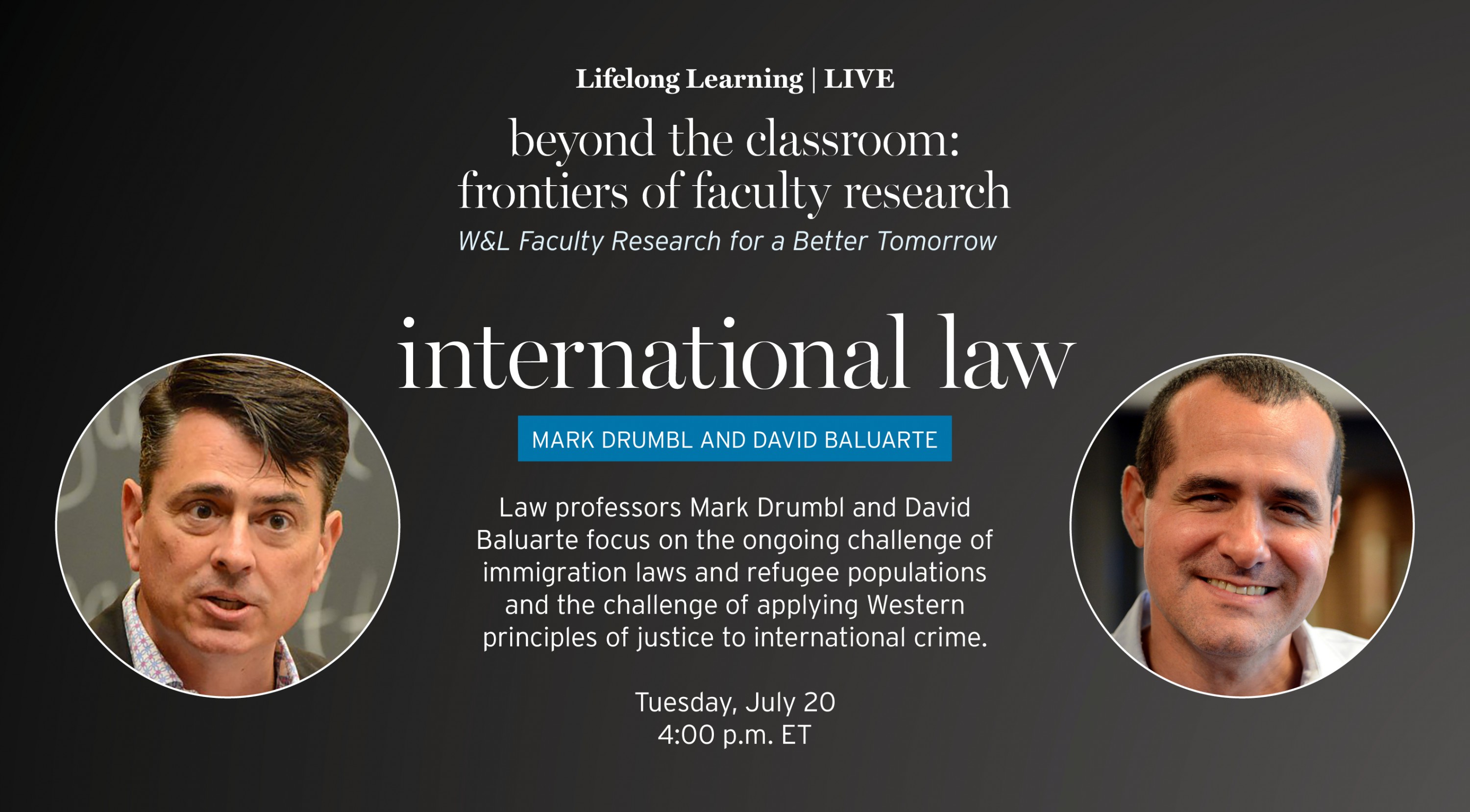 An image promoting the International Law presentation, part of the Beyond the Classroom: Frontiers of Faculty Research series