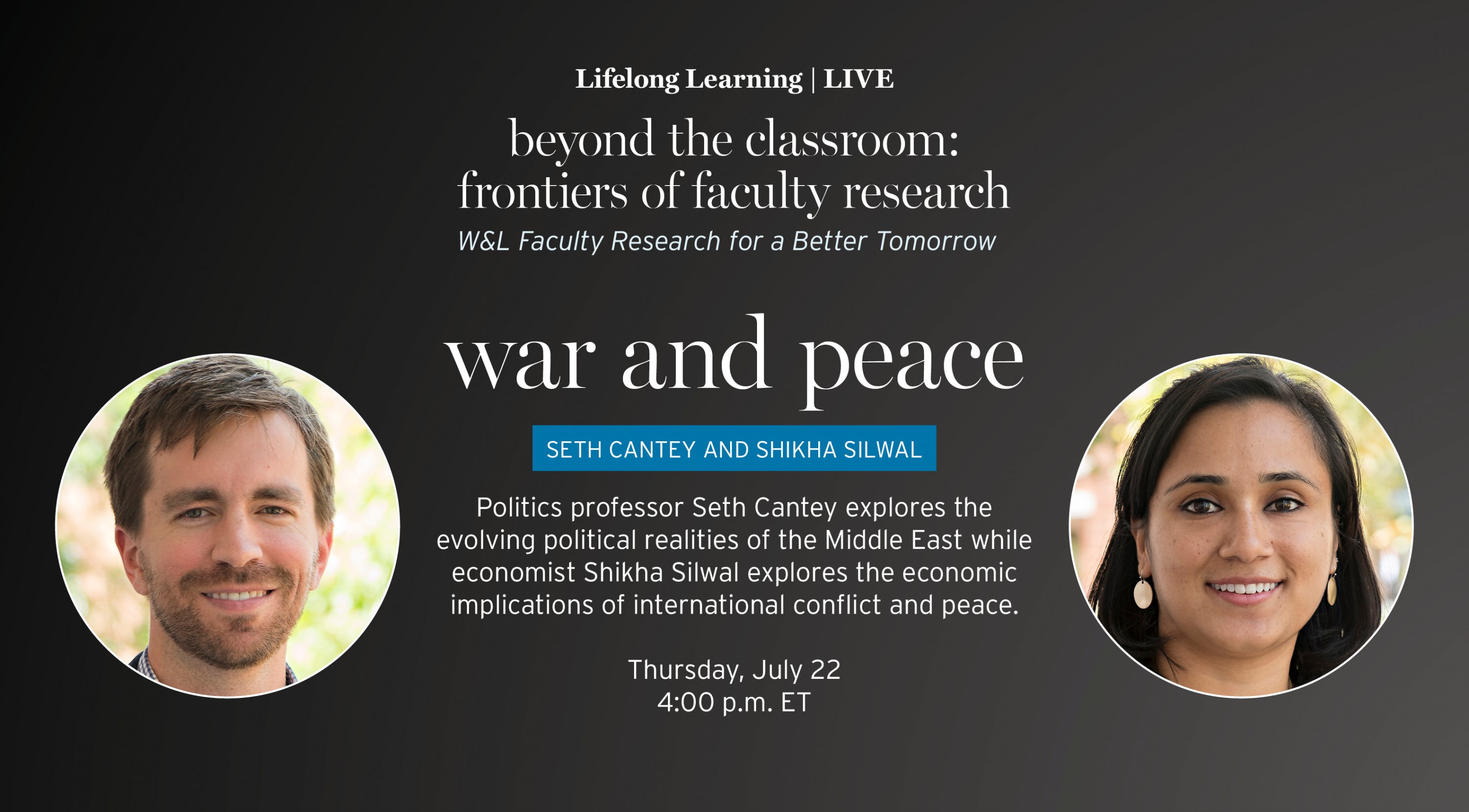 An image of the War and Peace presentation, part of the Beyond the Classroom: Frontiers of Faculty Research series