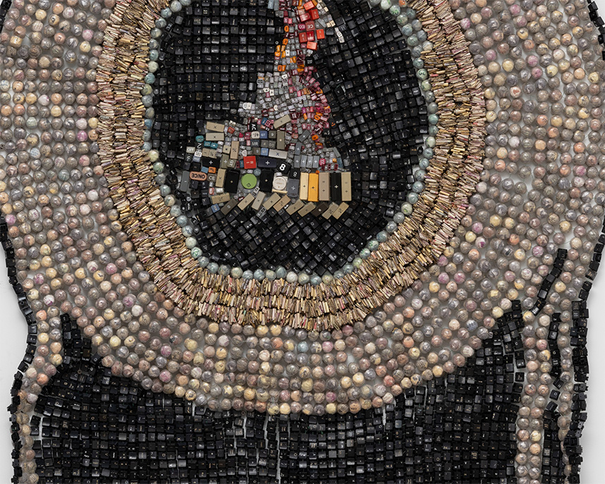 Pregnant Picasso Bull (detail), 2024, Moffat Takadiwa. Zimbabwean bank notes encased in bottle caps, calculator, and computer keys. 107 1/8 x 50 x 2 3/8 in. Image courtesy of Nicodim Gallery. 