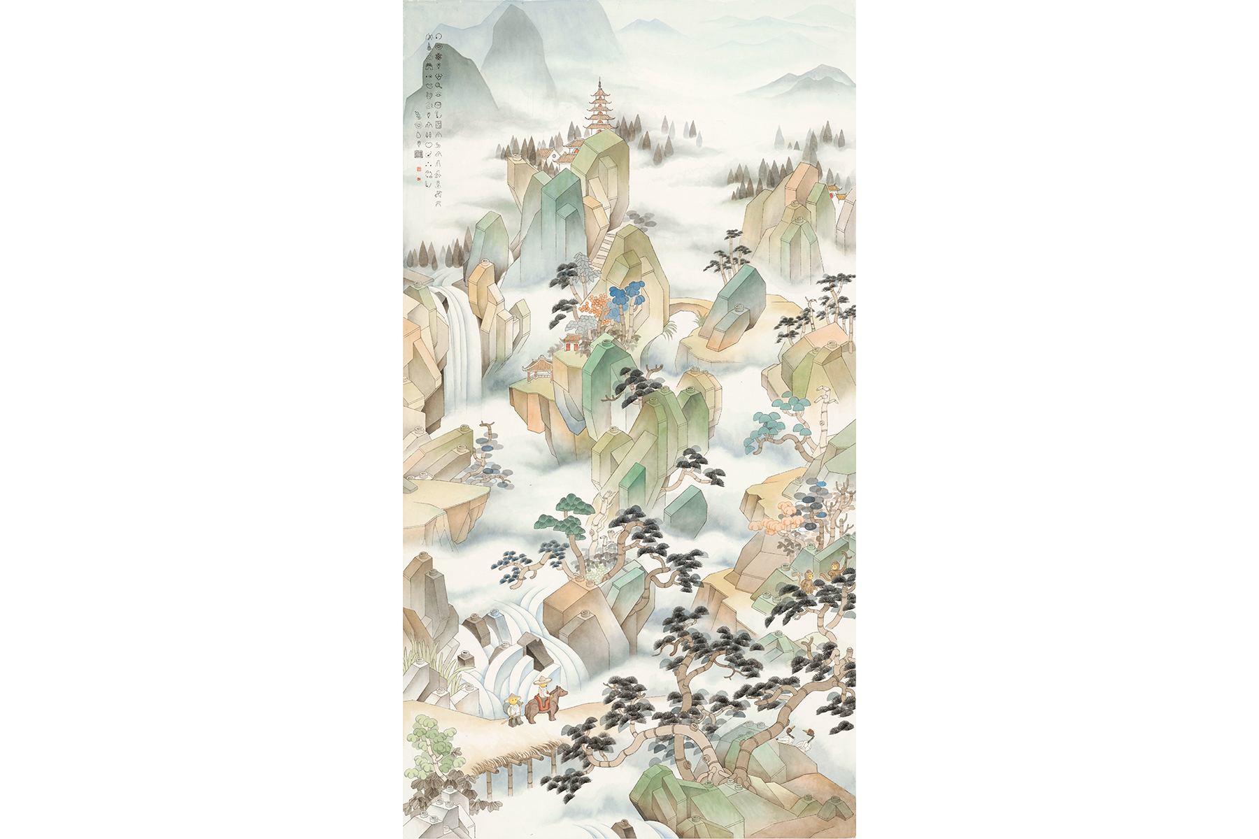 Mountain Passenger, 2025, Zhang Xiaoli (b. 1989, China), Ink and color on paper, Hanging Scroll, courtesy of the artist. A study of I-Hsiung Ju’s Mountain Pass Traveler (2015.35.3)