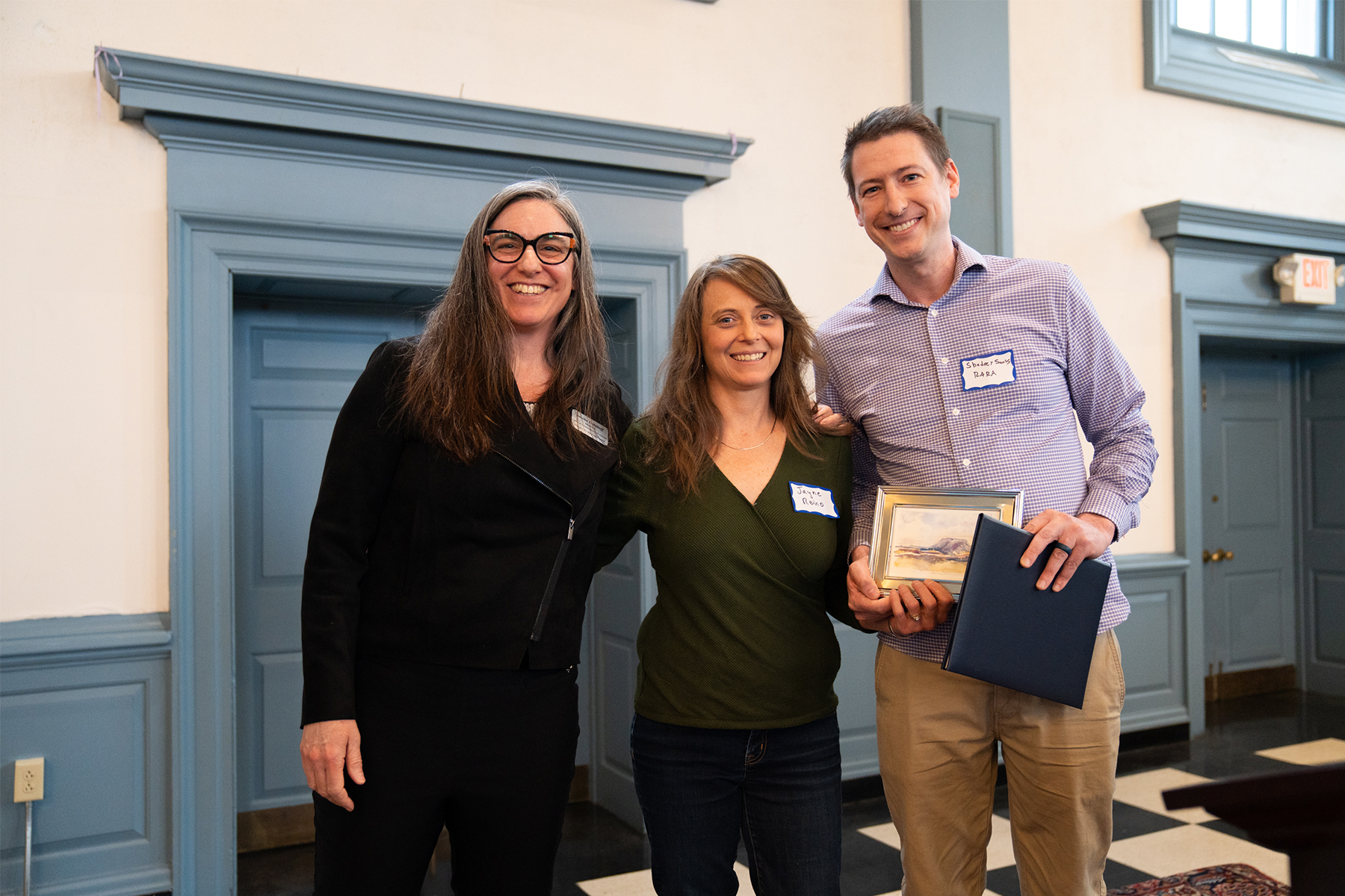 Prof. Jayne Reino, Winner (Center), with Prof. Sascha Goluboff, Director of CBL (Left), and Shadrey Sands, Neighborhood Grocery Manager at Rockbridge Area Relief Association (Right)