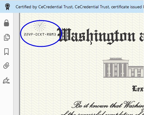 Screenshot of the Washington and Lee University diploma with the 12 digit CeDiD number circled in the upper corner