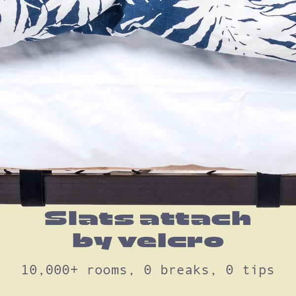 Slats attach by velcro 10,000+ rooms, 0 breaks, 0 tips