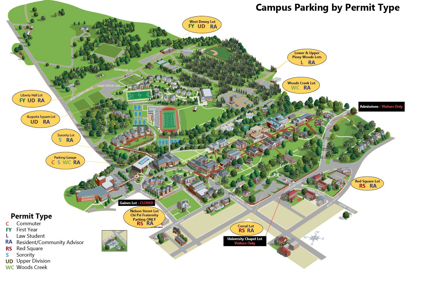 Map of campus parking by permit type