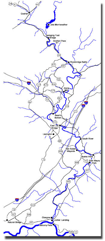 A map showing the Maury River running through Rockbridge County from Goshen to Glasgow into the James River
