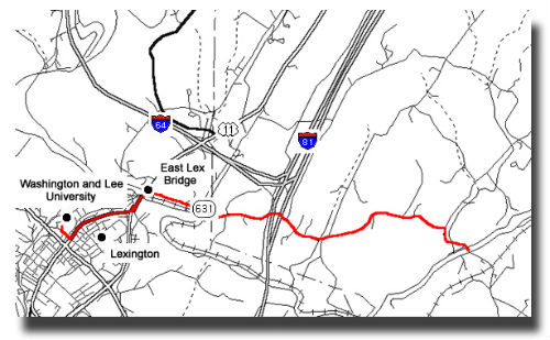 A map showing the route from Washington and Lee University to South River in red via Old Buena Vista Road