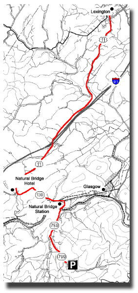 Map of the route from Lexington to the Devil's Marbleyard parking lot in red via US 11 pass the Natural Bridge Hotel and Natural Bridge Station