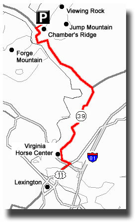 A map of a route from Lexington to parking in Goshen Pass in red via Route 39