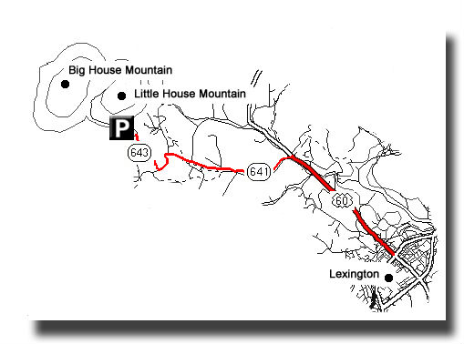 A map of a route from Lexington to parking at the base of Little House Mountain and Big House Mountain via Route 60