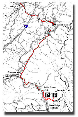 Map of route from Lexington to the South Pedlar ATV System in red passing Buena Vista and Glasgow to Rattlesnake Trail, Terrapin Trail, and the Blue Ridge Parkway