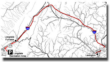 Map with route from Lexington to Longdale Furnace exit and Longdale Recreation Area in red taking I-64