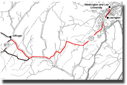 Map with a red marking from Washington and Lee University through Lexington, out 251 to Effinger