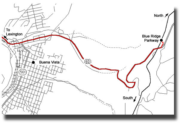 Map with a route from Lexington to the Blue Ridge Parkway marked in red