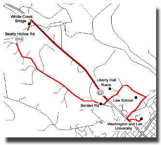 Map of bike routes in red from Washington and Lee University to Whistle Creek Bridge and Beatty Hollow Road out 60 west and back to Lexington via Borden Road