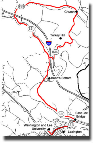 Map with a route in red from Washington and Lee University across the East Lexington Bridge out County 631 past Bean's Bottom and onto Turkey Hill Road before looping back to County 631/Big Springs Road to retrace the route back to US 11