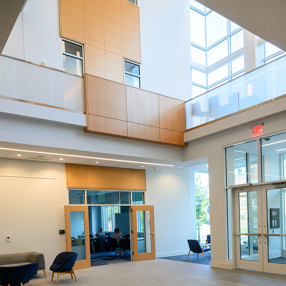 Acoustic wood paneling at the Hub