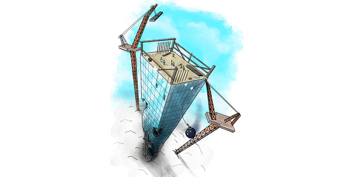 Header art by Colin Bridges '26 of a wrecking ball going into a skyscraper