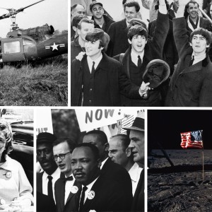 Collage image of key figures from the 1960s in America