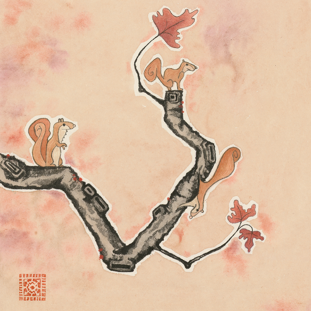 “October” from The Twelve Months of Washington and Lee, 2025. Katie Lawson (W&L Class of 2026, Student Apprentice for artist Zhang Xiaoli). Ink, color, and gold leaf on Xuan paper and silk. Image courtesy of Zhang Xiaoli.