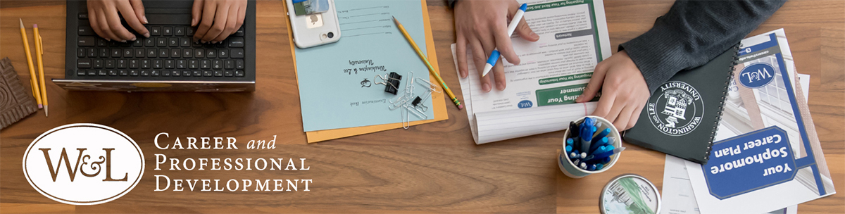 Photo of students working on a computer and reviewing a CPD resource with W&L Career and Professional Development text