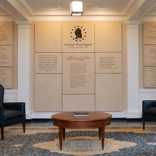 A photo of the Honored Benefactors Wall in Washington Hall