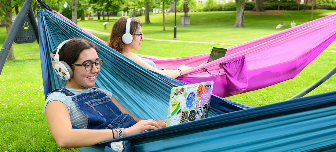 Students in hammocks on Front Lawn