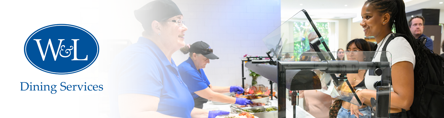 Dining Services logo fading into photo of student being served dinner at the Marketplace.